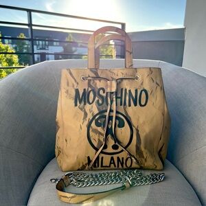 Moschino Leather Recycle Drawstring Bag Tote With Shoulder Strap